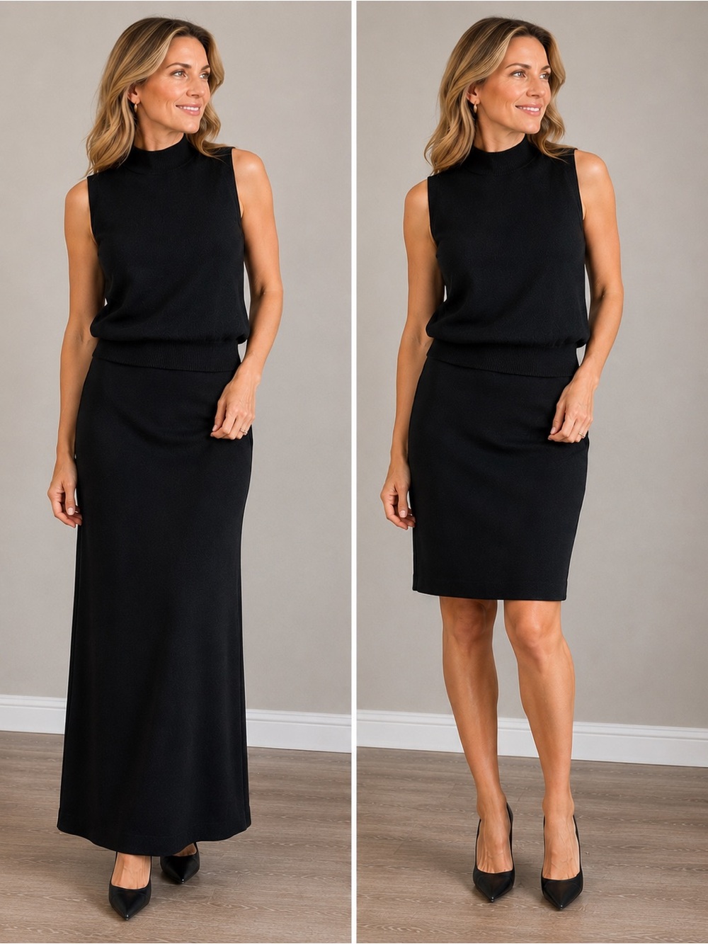 St John Basics Black Knit 3 Piece Skirt Set Maxi Midi Mock Neck Top